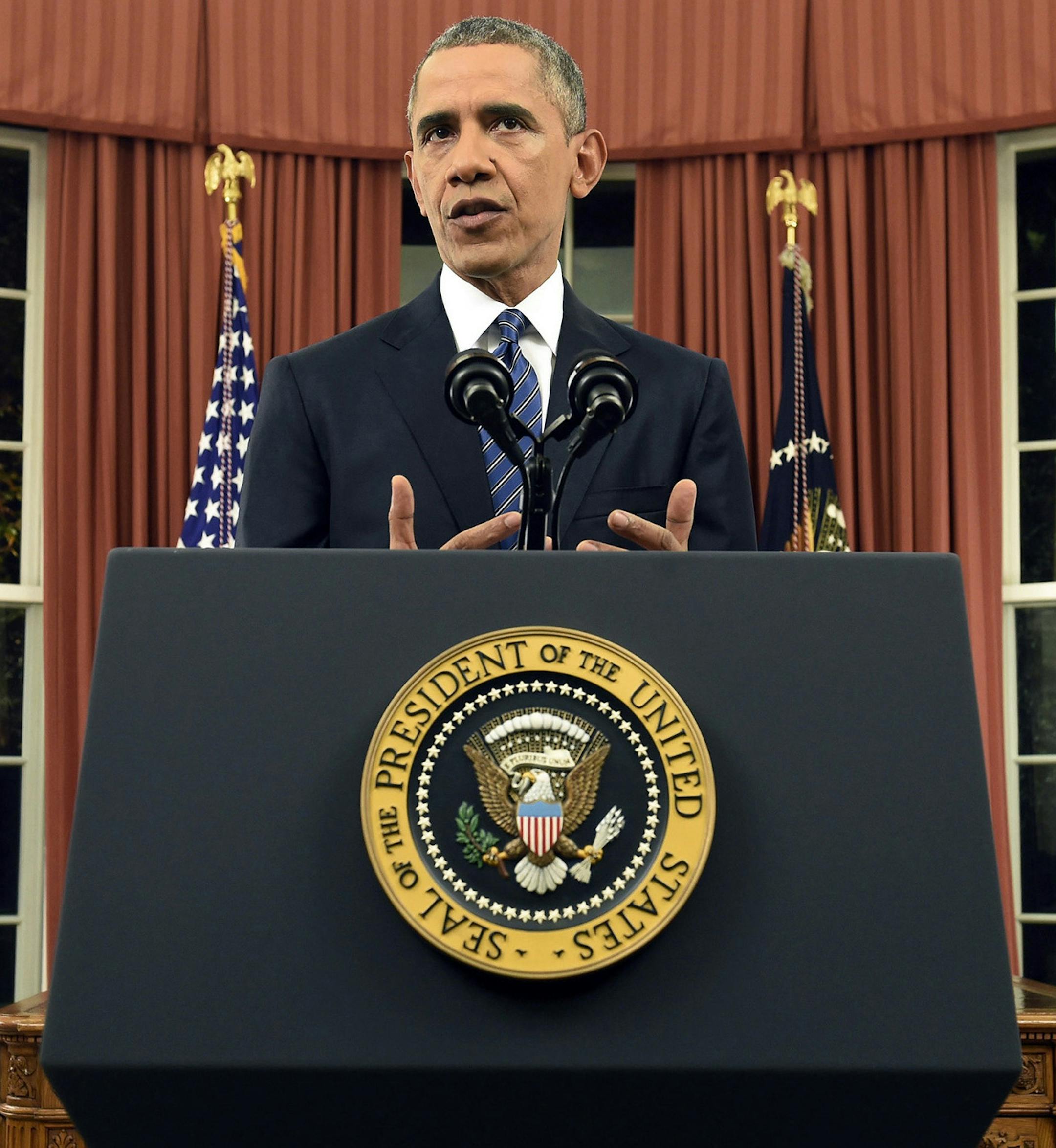 In this Dec. 6, 2015, photo, President Barack Obama addresses the nation from the Oval Office at the White House in Washington. Fears of terrorism are hanging over Americaís holiday season, and Obama plans a series of events this week aimed at trying to allay concerns about his strategy for stopping the Islamic State group abroad and its sympathizers at home. (Saul Loeb/Pool Photo via AP) ORG XMIT: MIN2015121511574119
