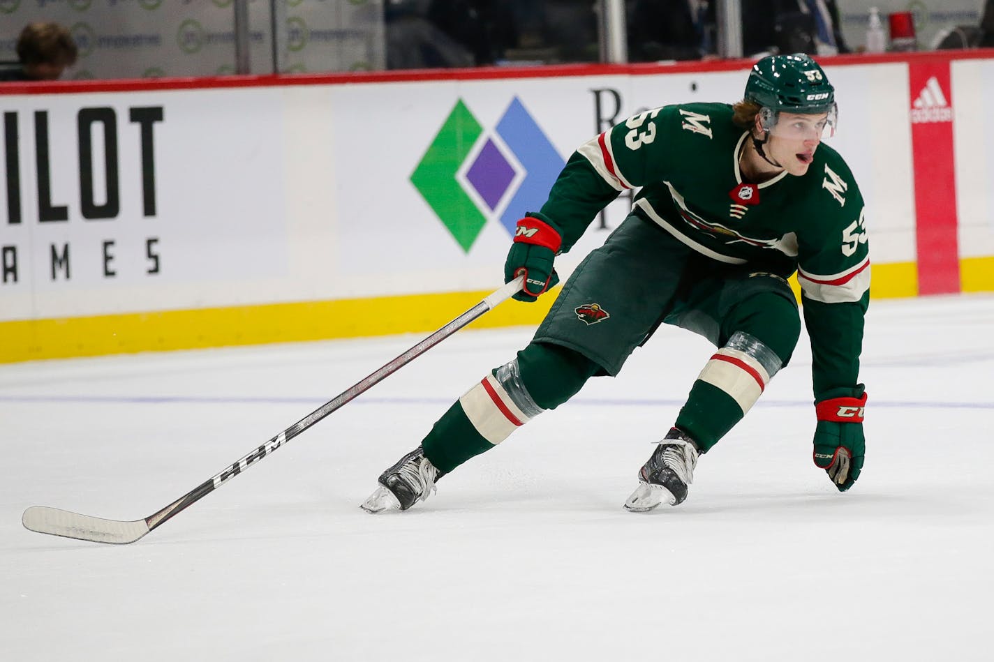 Minnesota Wild wing Adam Beckman against the St. Louis Blues during an NHL preseason hockey game, Wednesday, Oct. 6, 2021, in St. Paul, Minn. (AP Photo/Andy Clayton-King)sd