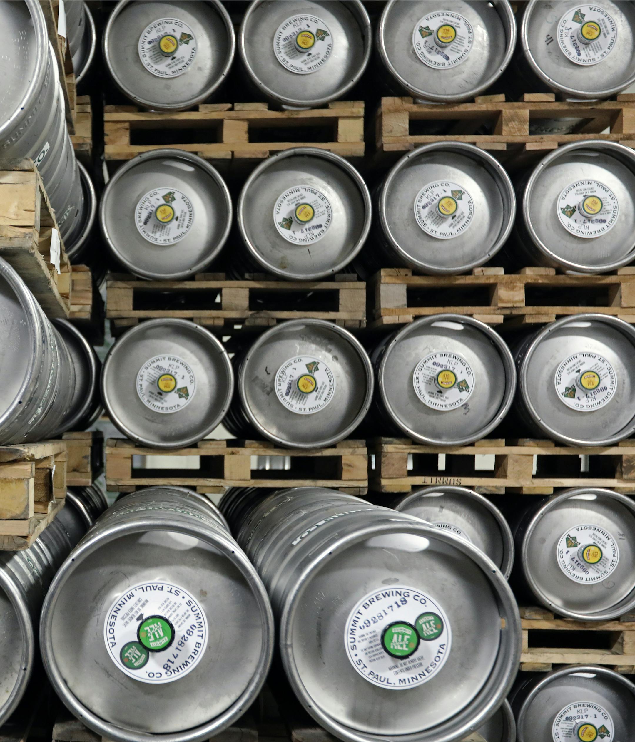 Kegs of Summit beer wait for shipping.