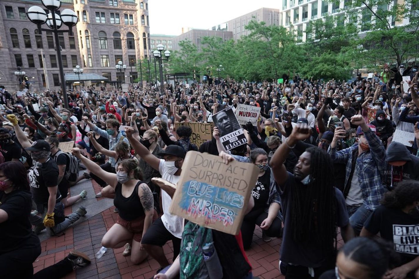 Demonstrators in the streets in Minneapolis during a third day of protests following the death of George Floyd while in Minneapolis police custody, on Thursday, May 28, 2020.