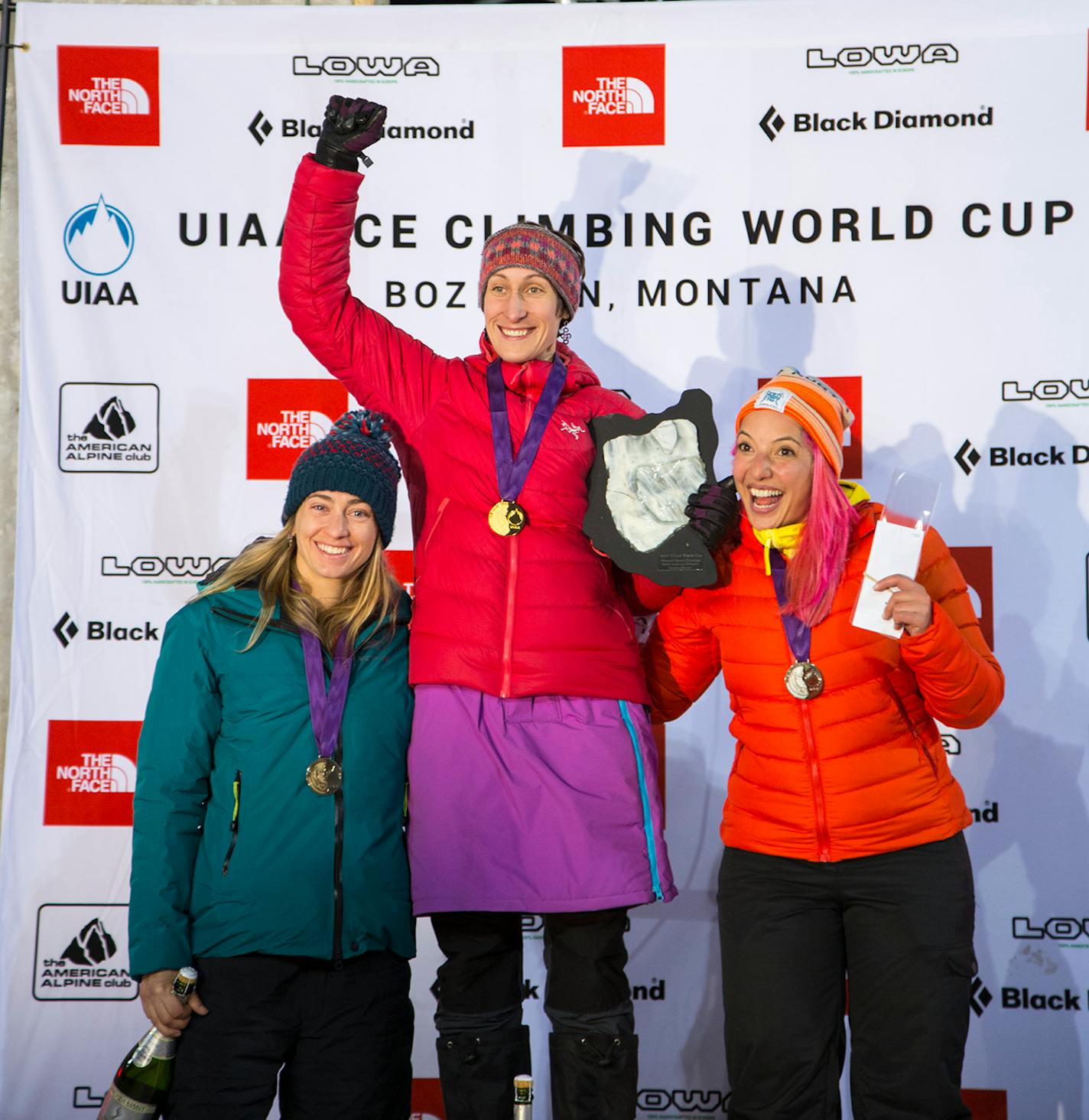 Kendra Stritch of Stillwater, center, shown after winning the 2015 ice climbing World Cup gold medal in speed climbing.