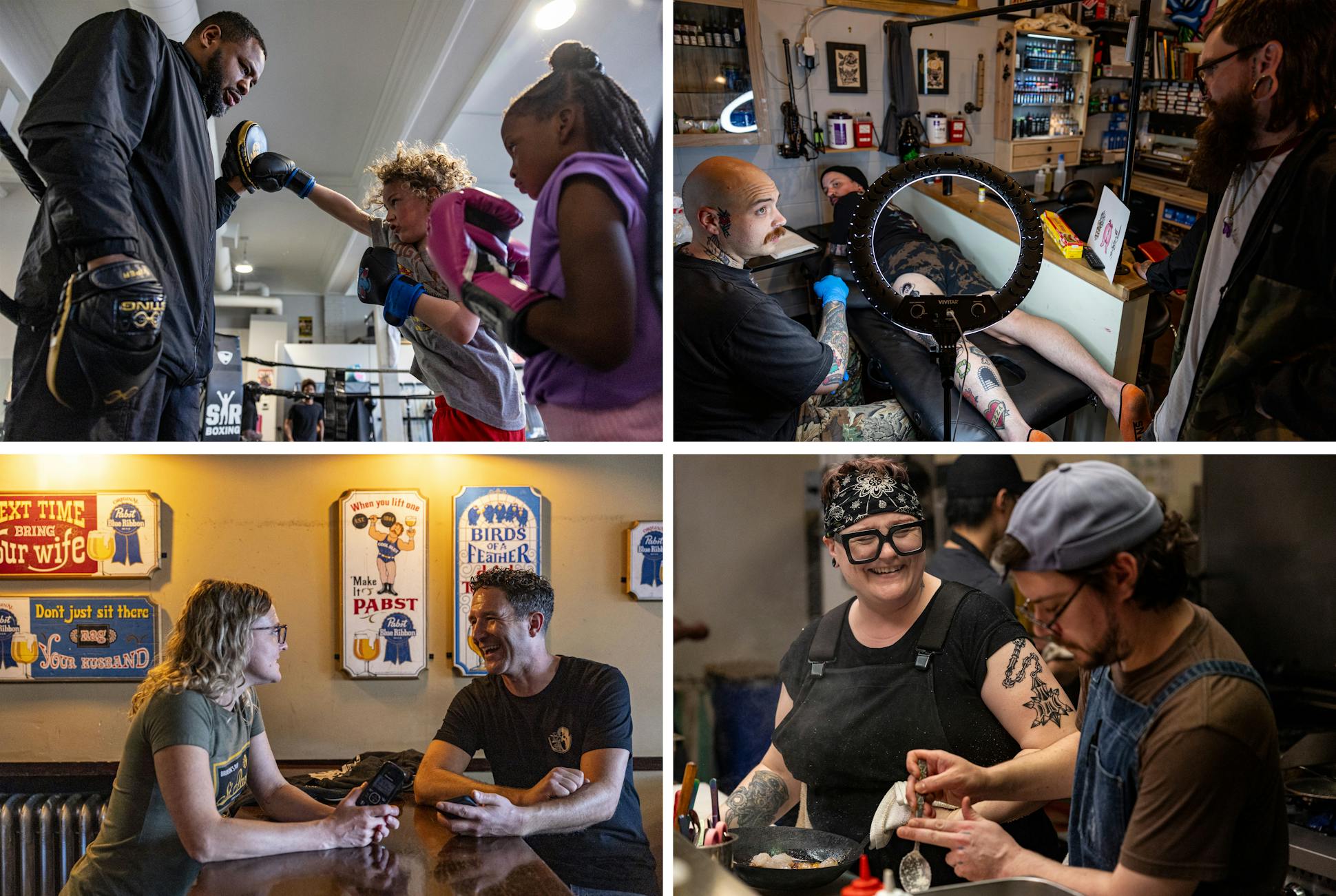 Top left: Sir Boxing Blub owner Cerresso Fort holds up a mitt for Quinn Ballew, 9, and Ta’Chell Hines, 7, in St. Paul on Wednesday, June 19.
Top right: Tattoo artist Jaeger Moosbrugger, left, of Port and Starboard Tattoo talks with owner Andy Rowe, far right, as customer and fellow tattoo artist Brandon Bjornson listens in St. Paul on Friday, June 21.
Bottom left: Brunson's Pub owners Molly and Thomas LaFleche hold a conversation in St. Paul on Wednesday, June 19. The couple have owned the pub for several years. 
Bottom right: Tongue in Cheek line chefs Emily Brooks, left, and Colby Swanson work together in the restaurant's kitchen in St. Paul on Friday, June 21.

