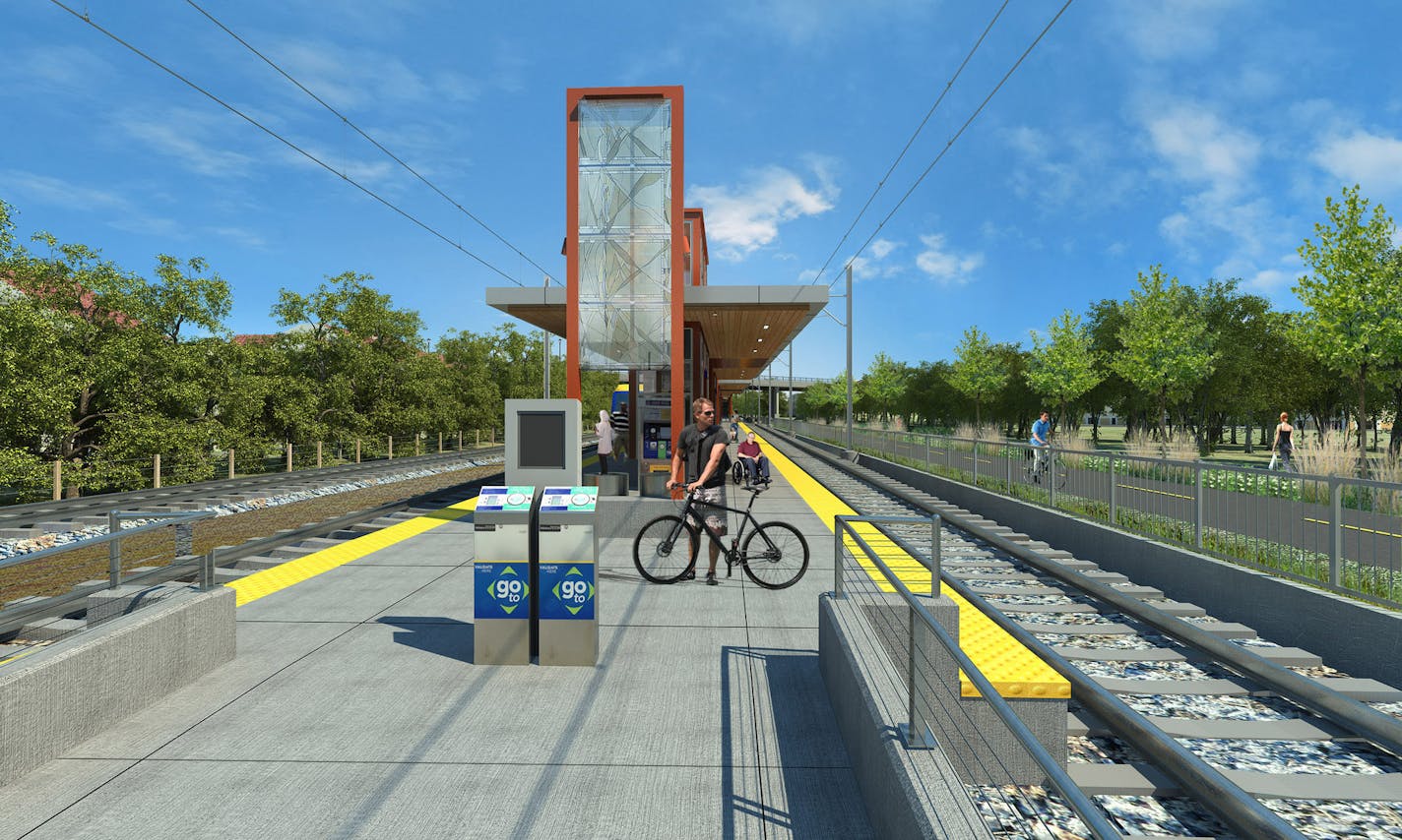 A rendering of the West Lake station in Minneapolis on the Southwest light-rail line. The proposed 14.5-mile line is slated to begin passenger service in 2023.