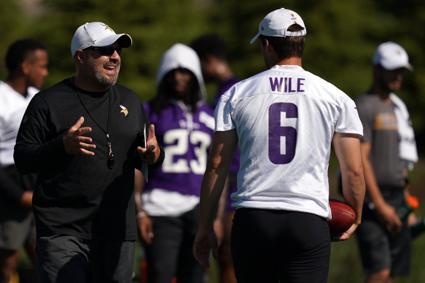 Vikings special teams coordinator Marwan Maalouf ran his players through a drill during training camp Friday.