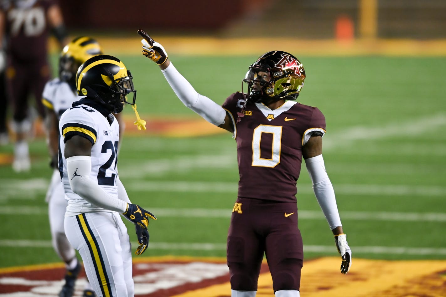 Minnesota Gophers wide receiver Rashod Bateman (0) gestured after pass interference was called against Michigan Wolverines defensive back Brad Hawkins (20) in the first quarter. ] AARON LAVINSKY • aaron.lavinsky@startribune.com