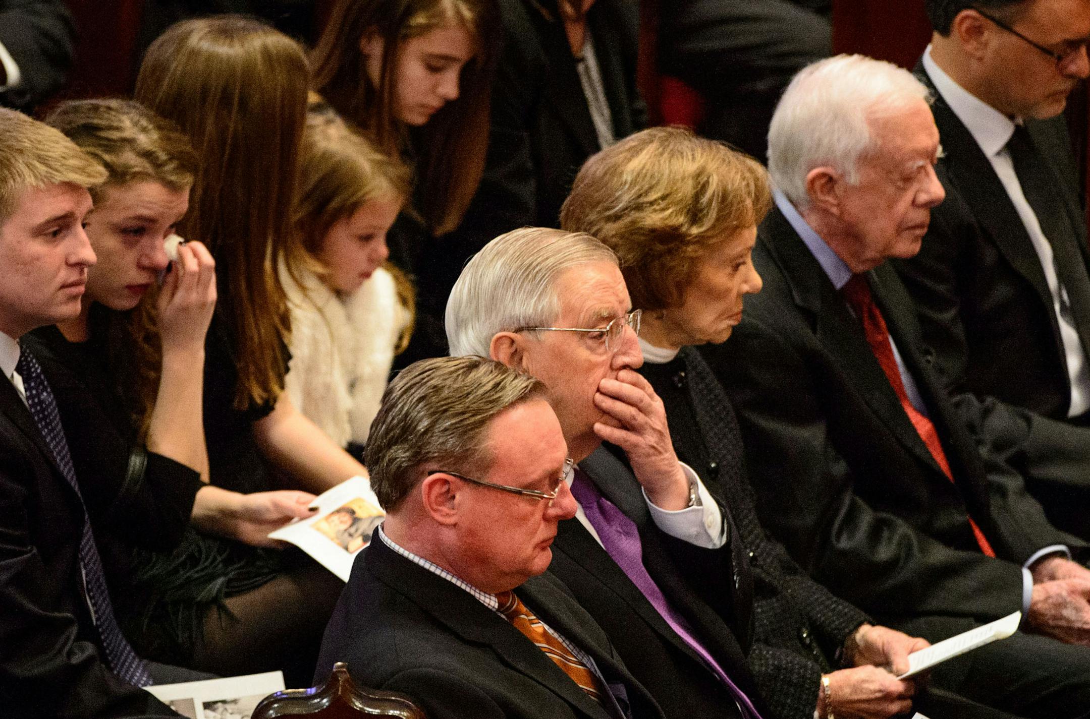 From left, Ted Mondale, Walter Mondale, Rosalynn and Jimmy Carter and William Mondale. Joan Mondale's memorial service was held Saturday, February 8, 2014 at Westminster Presbyterian Church, Minneapolis. Vice President Joe Biden attended with his wife Jill as well as Jimmy and Rosalynn Carter. ] GLEN STUBBE * gstubbe@startribune.com