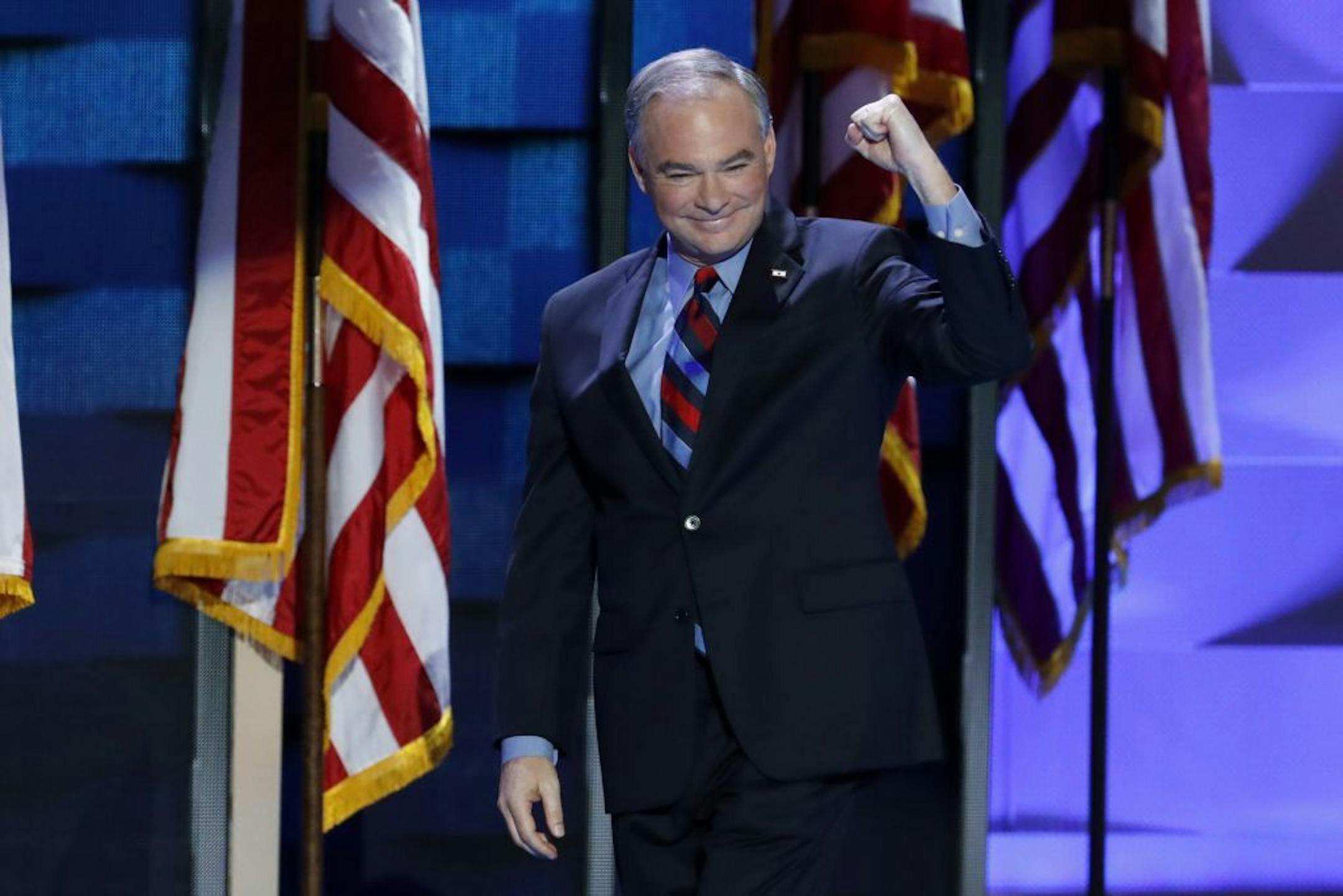 Vice presidential candidate Sen. Tim Kaine, D-Va., walked on stage Wednesday night at Democratic National Convention in Philadelphia.