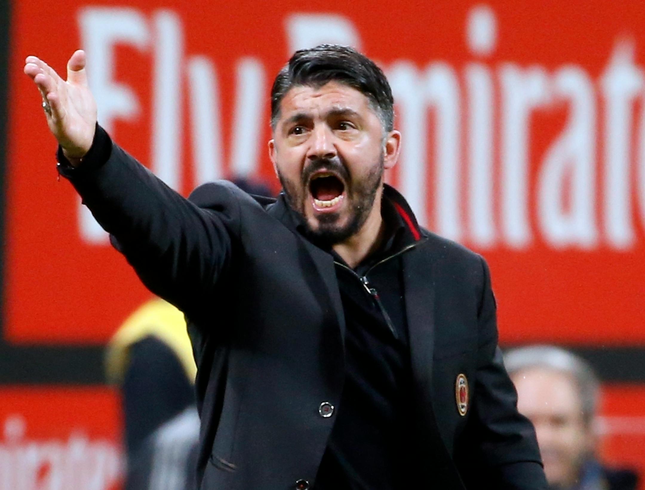 AC Milan coach Gennaro Gattuso shouts during the Italian Cup soccer match between AC Milan and Hellas Verona, at the Milan San Siro stadium, Italy, Wednesday, Dec. 13, 2017. (AP Photo/Antonio Calanni)