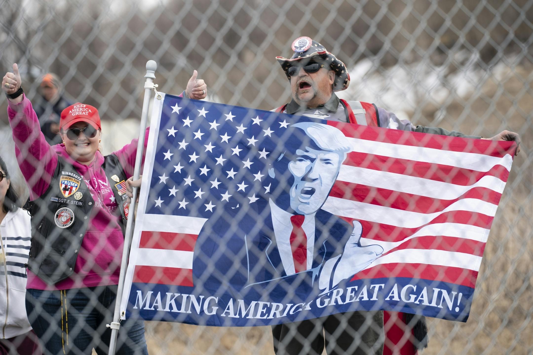 President Donald J. Trump supporters stood outside Nuss Truck and Equipment in Burnsville after a roundtable discussion on tax cuts and the U.S. economy in Burnsville, Minn., on Monday, April 15, 2019.
