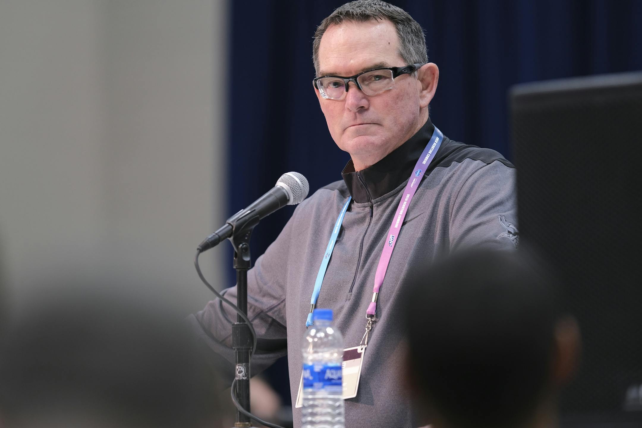 Minnesota Vikings head coach Mike Zimmer speaks during a press conference at the NFL football scouting combine in Indianapolis, Thursday, Feb. 28, 2019. Purdue won 73-56. (AP Photo/AJ Mast)
