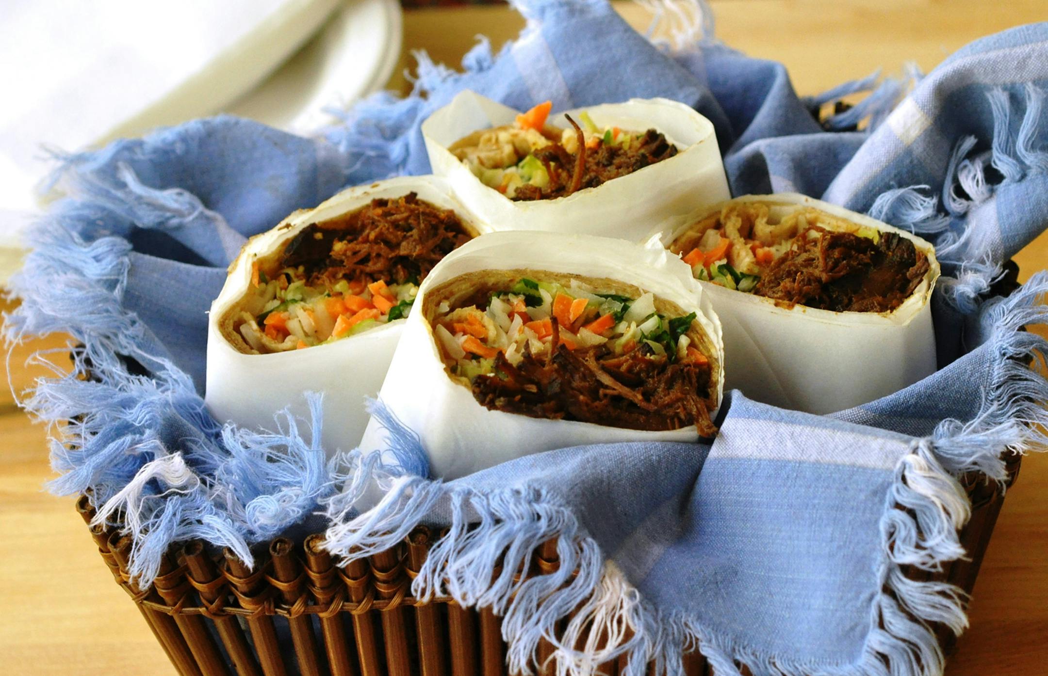 Meredith Deeds, Special to the Star Tribune Asian BBQ Beef and Coleslaw wraps. For June 5 Taste cover story.