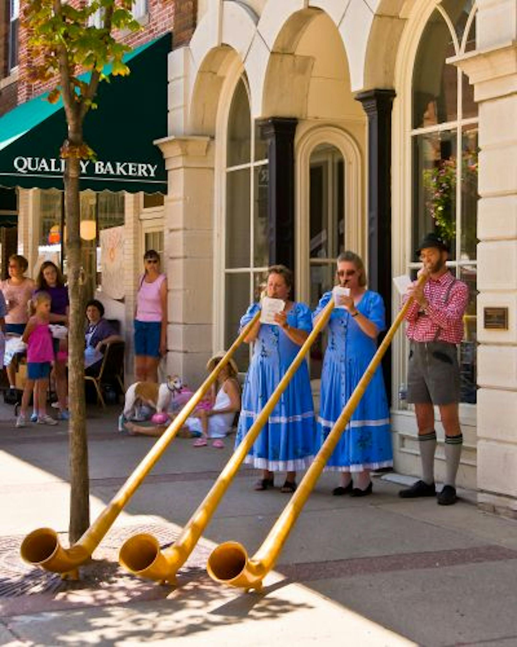 Players of the alphorn (shown), sackbut and other "instruments that you blow into or bang on" will gather at the Vintage Band Festival, held primarily in Northfield.