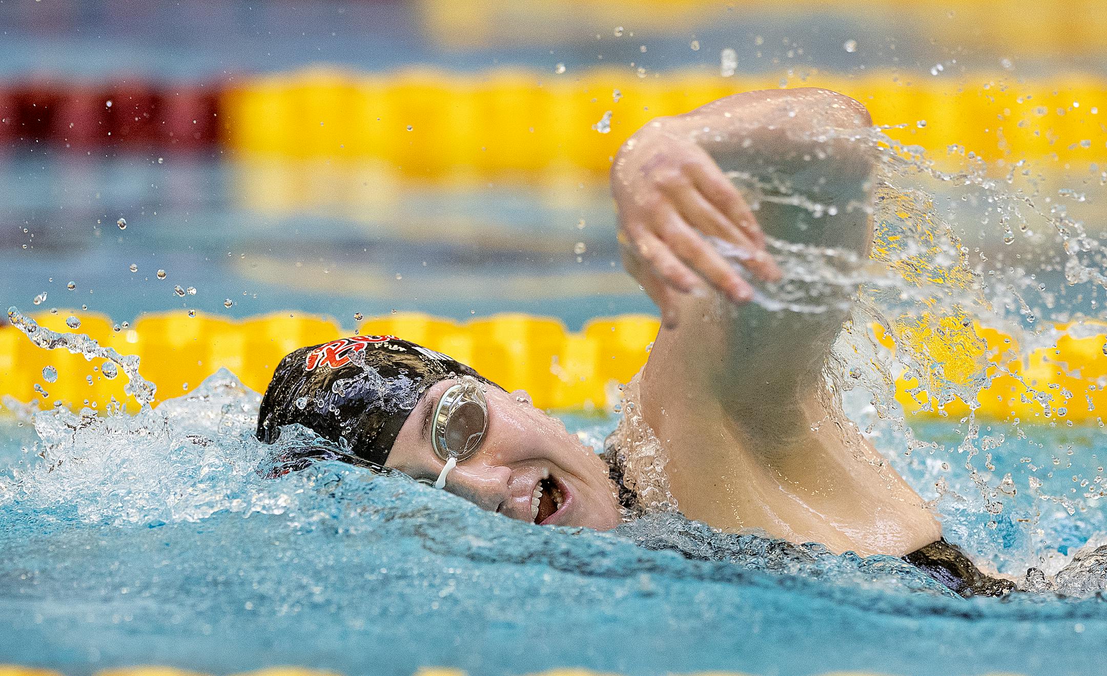 Visitation's Katie Miller competes in the Girls 200 yard freestyle during the Class 1A preliminaries of the girls swimming state meet at the Jane K Freeman Aquatic Center in Minneapolis, Minn., on Friday, Nov. 17, 2023. ] Elizabeth Flores • liz.flores@startribune.com