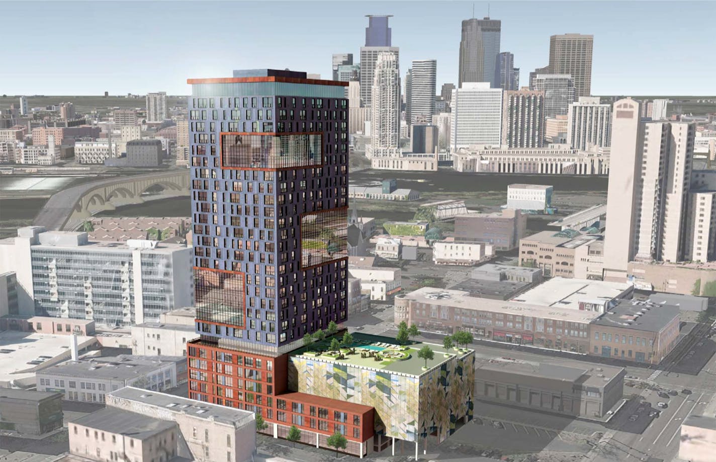 Proposed 28-story mixed use building with 6,000 square feet of ground floor commercial space fronting along Hennepin Avenue E and 260 dwelling units, 333 Hennepin Av. ] Credit Cuningham Group