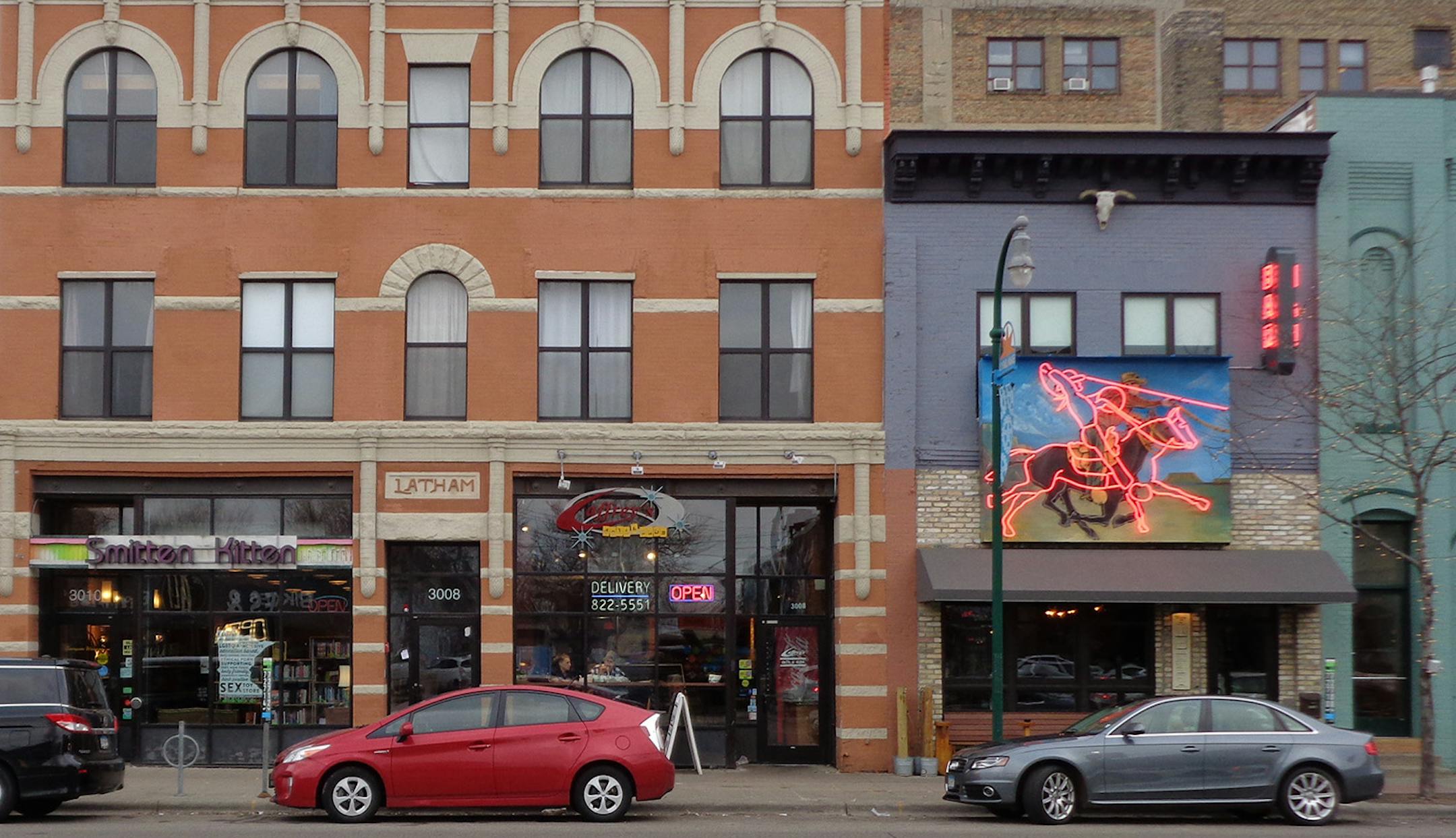 A row of modular shops on Lyndale Avenue in Minneapolis.