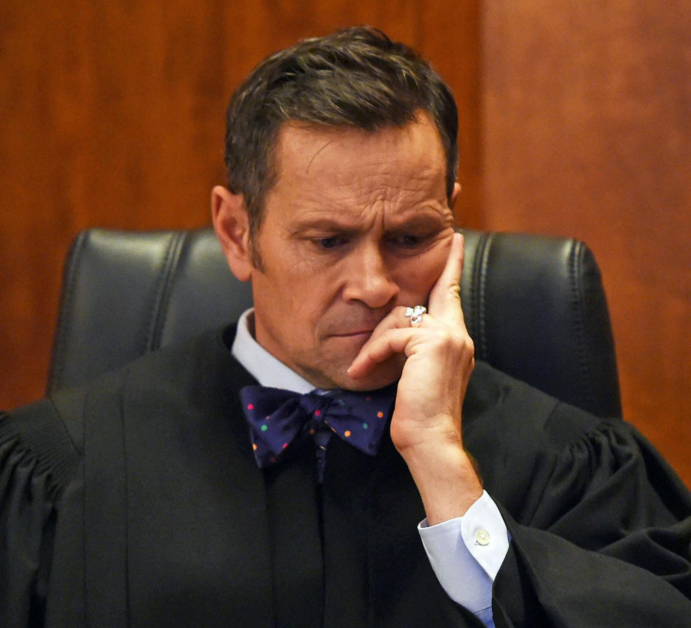 Judge Thomas A. Gilligan listens to victim impact statements at the sentencing hearing for Rachel Kayl in Ramsey County District Court in St. Paul, Wednesday, Dec. 19, 2018. Kayl crashed into a car carrying three Mounds View High School students, killing Bridget Giere and Stephanie Carlson, both 16, while driving at approximately 80 miles per hour in Arden Hills, on Dec. 1, 2016. (Scott Takushi / Pioneer Press)