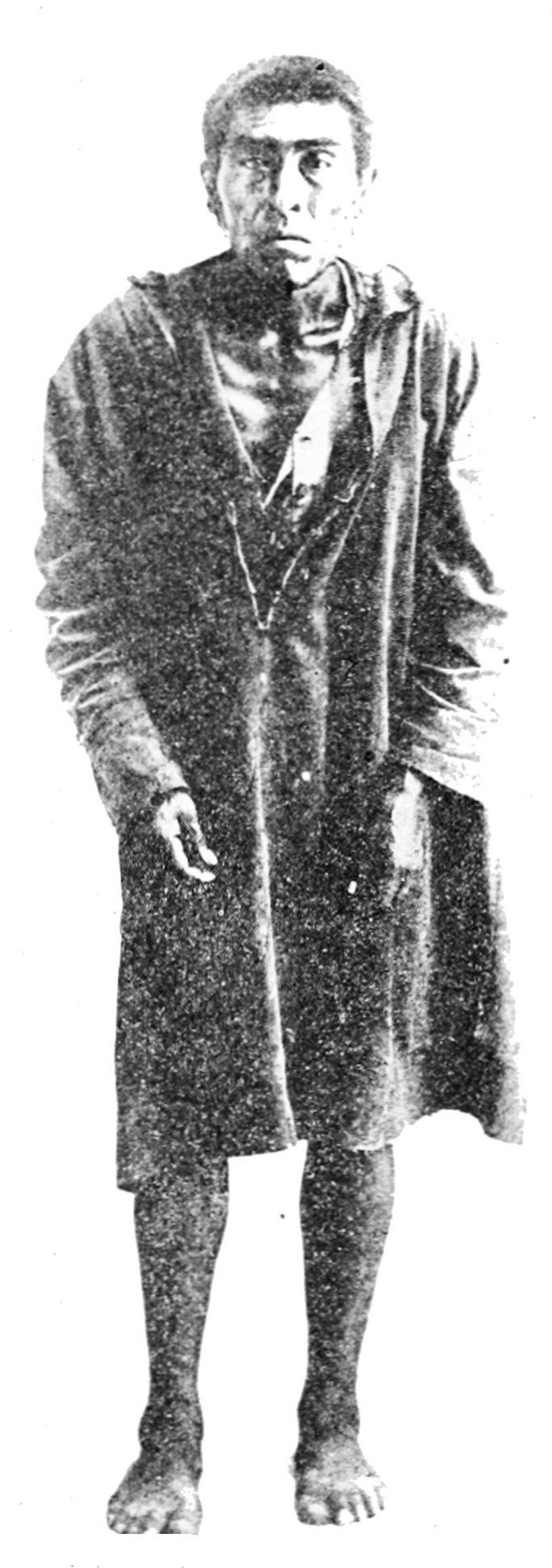 Ishi the last of the Yahi tribe. From a photograph taken after his capture at Oroville, California in 1911. He is wearing a " slaughter-house apron " put on him before he was taken to town. His hair he had burned off with a firebrand, as a sign of mourning, throwing on water with his hands to keep from burning his scalp.