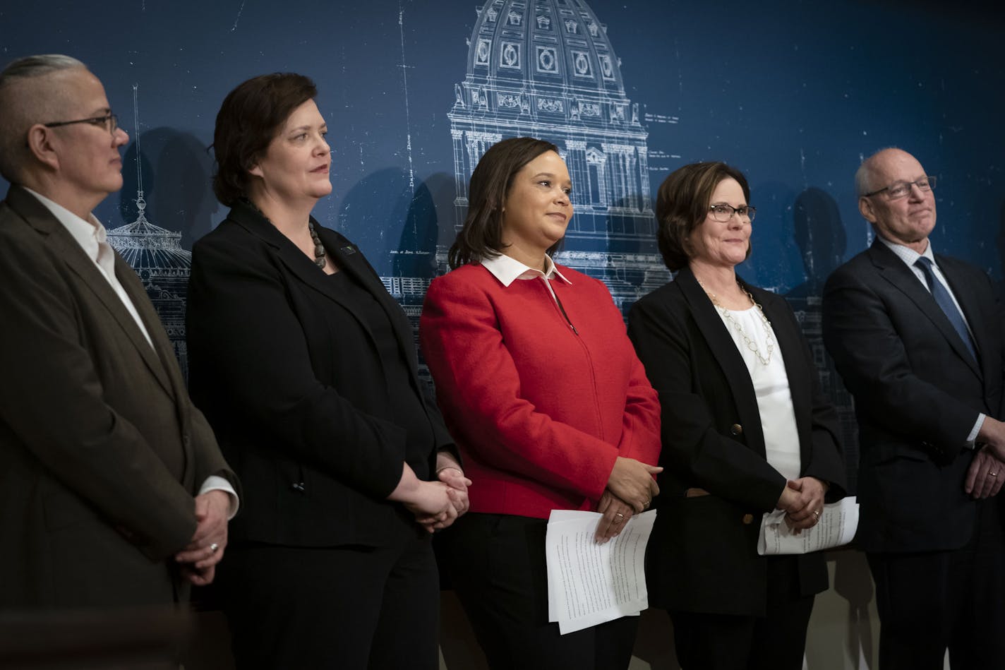 From the left Jennifer Ho, Housing Finance Agency,Margaret Anderson Kelliher, Department of Transportation, Alice Roberts-Davis, Department of Administration, Nora Slawik, Metropolitan Council, and Myron Frans, Department of Management, photographed at the State Capitol in St. Paul, Minn., on December 18, 2018. ] RENEE JONES SCHNEIDER &#x2022; renee.jones@startribune.com