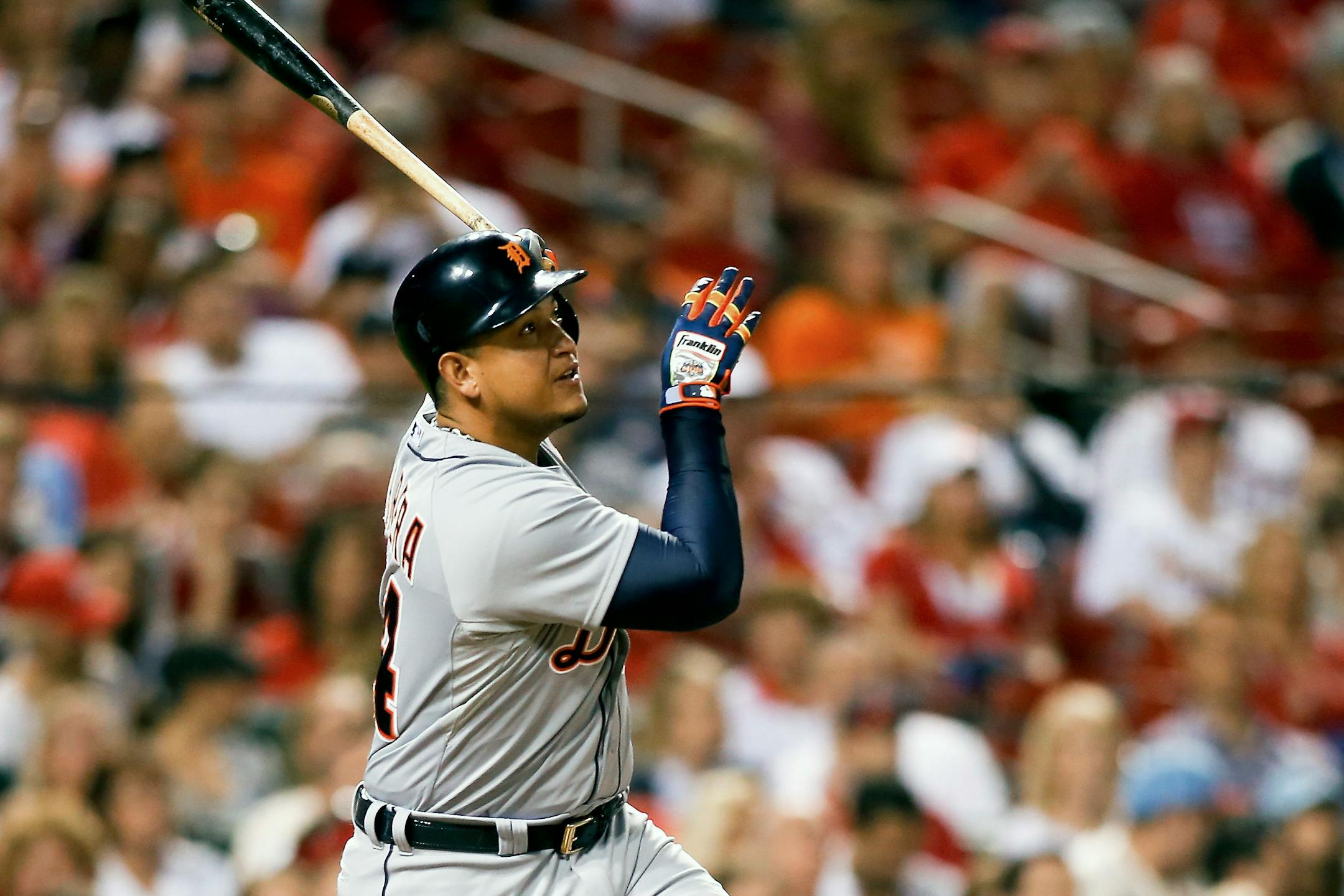 Detroit Tigers' Miguel Cabrera follows through on his two run home run during the seventh inning of a baseball game against the St. Louis Cardinals Friday, May 15, 2015, in St. Louis. (AP Photo/Scott Kane)