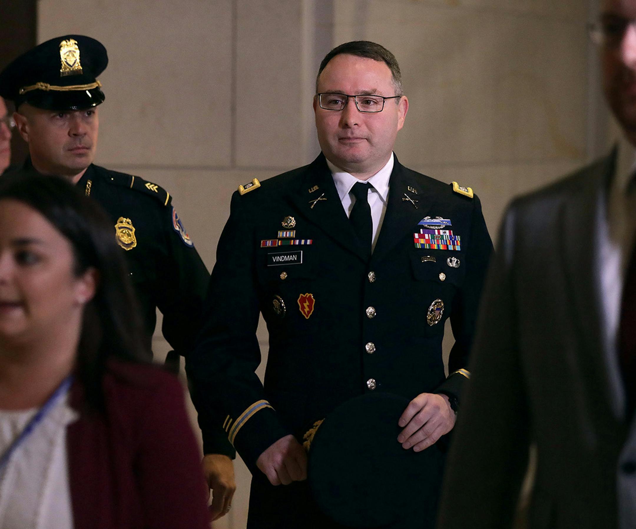 Army Lt. Colonel Alexander Vindman, Director for European Affairs at the National Security Council, arrives at a closed session before the House Intelligence, Foreign Affairs and Oversight committees on October 29, 2019, at the U.S. Capitol in Washington, D.C. (Alex Wong/Getty Images/TNS)
