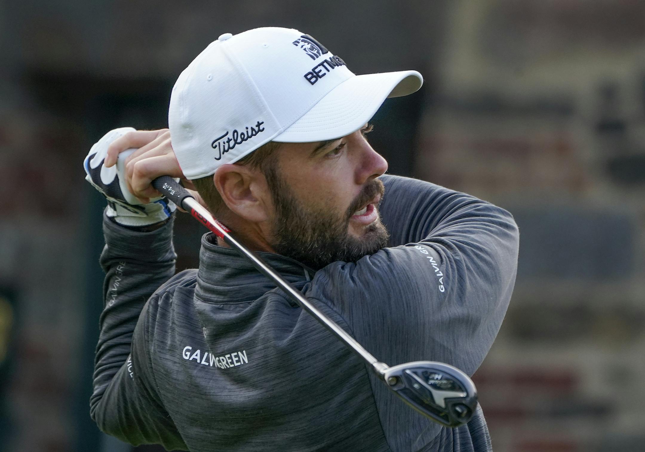 Troy Merritt, of the United States, tees off on the 10th hole during a practice round for the US Open Golf Championship, Wednesday, Sept. 16, 2020, in New York. (AP Photo/Charles Krupa)