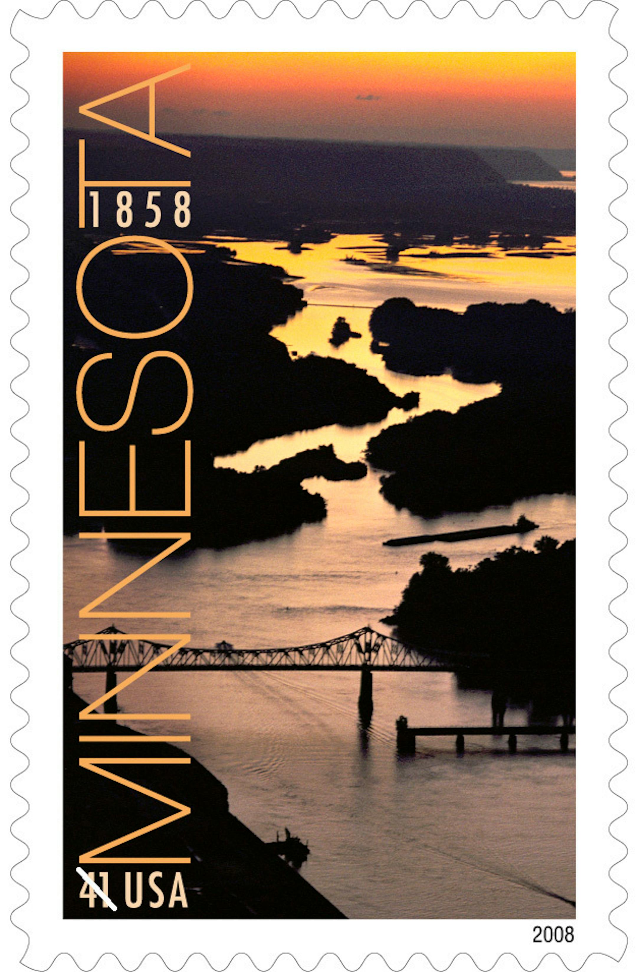 The bridge at Winona is featured in the design for the Minnesota Statehood Sesquicentennial Stamp.