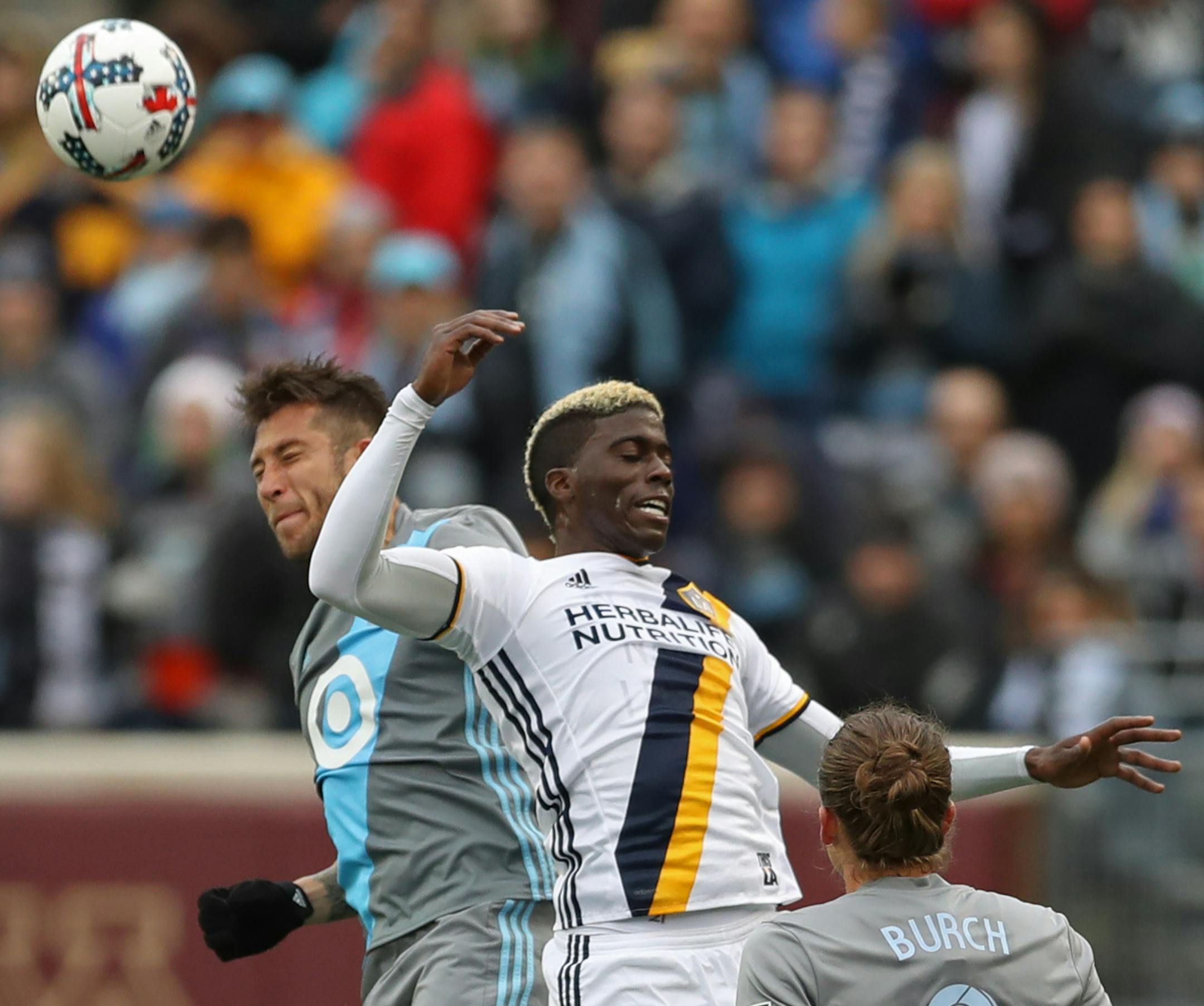 Francisco Calvo(5) of the Loons clashes with Gyasi Zardes(11).] soccer game action, Loons host Los Angeles at TCF Stadium in Minneapolis.Richard Tsong-Taatariiïrichard.tsong-taatarii@startribune.com