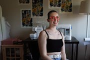 Local clothing designer Maxine Britt who's putting a new spin on gender neutral clothing, bringing in vivid colors and fun shapes sat for a portrait i