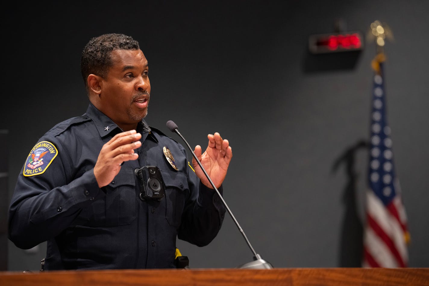 Bloomington Police Chief Booker Hodges gave an update on public safety at a meeting of the Bloomington City Council Monday night, May 8, 2023 in Bloomington, Minn. Bloomington Police Chief Booker Hodges has gotten attention for his colorful press conferences and personal story as he's built a public profile in his first year on the job. ] JEFF WHEELER • jeff.wheeler@startribune.com