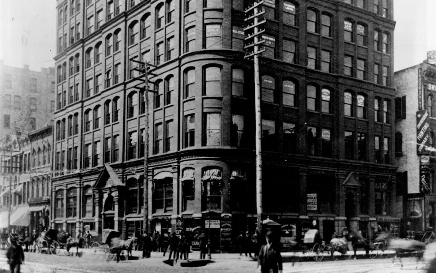 March 2, 1942 Farmers & Mechanics Opening of Bank (5) 1SS6 -- Temple Court Building at the corner of Washington & Hennepin. This is where the Farmers & Mechanics with deposits of nearly $2,000,000 made its home in 1Sg6. And in this year the Exposition Building was built across the river.