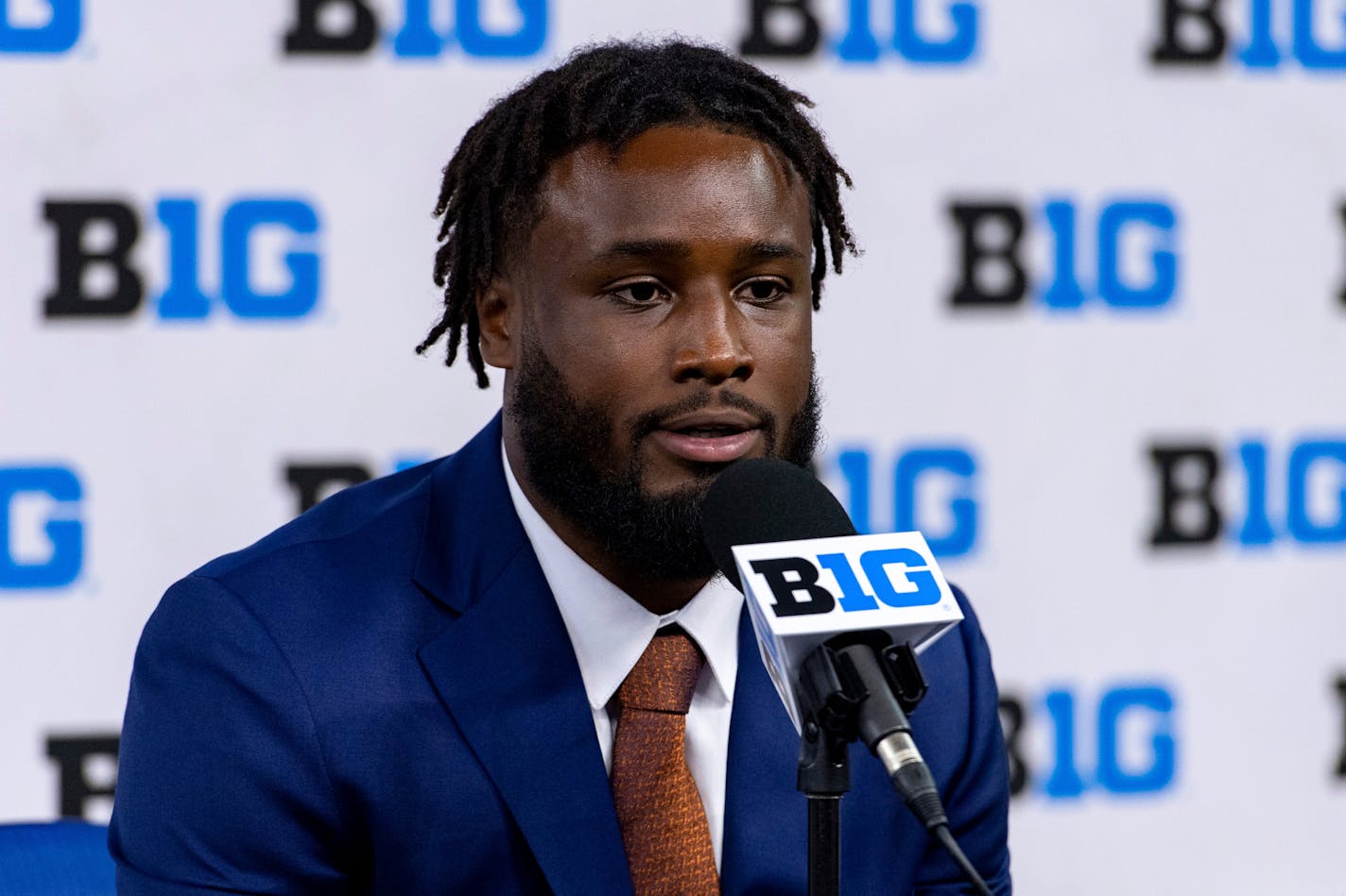 Minnesota running back Mohamed Ibrahim talks to reporters during an NCAA college football news conference at the Big Ten Conference media days, Thursday, July 22, 2021, at Lucas Oil Stadium in Indianapolis. (AP Photo/Doug McSchooler)