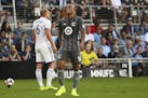 Minnesota United forward Angelo Rodriguez (9) held the back of his leg after an injury in the first half against Orlando City. ] Aaron Lavinsky &#x202