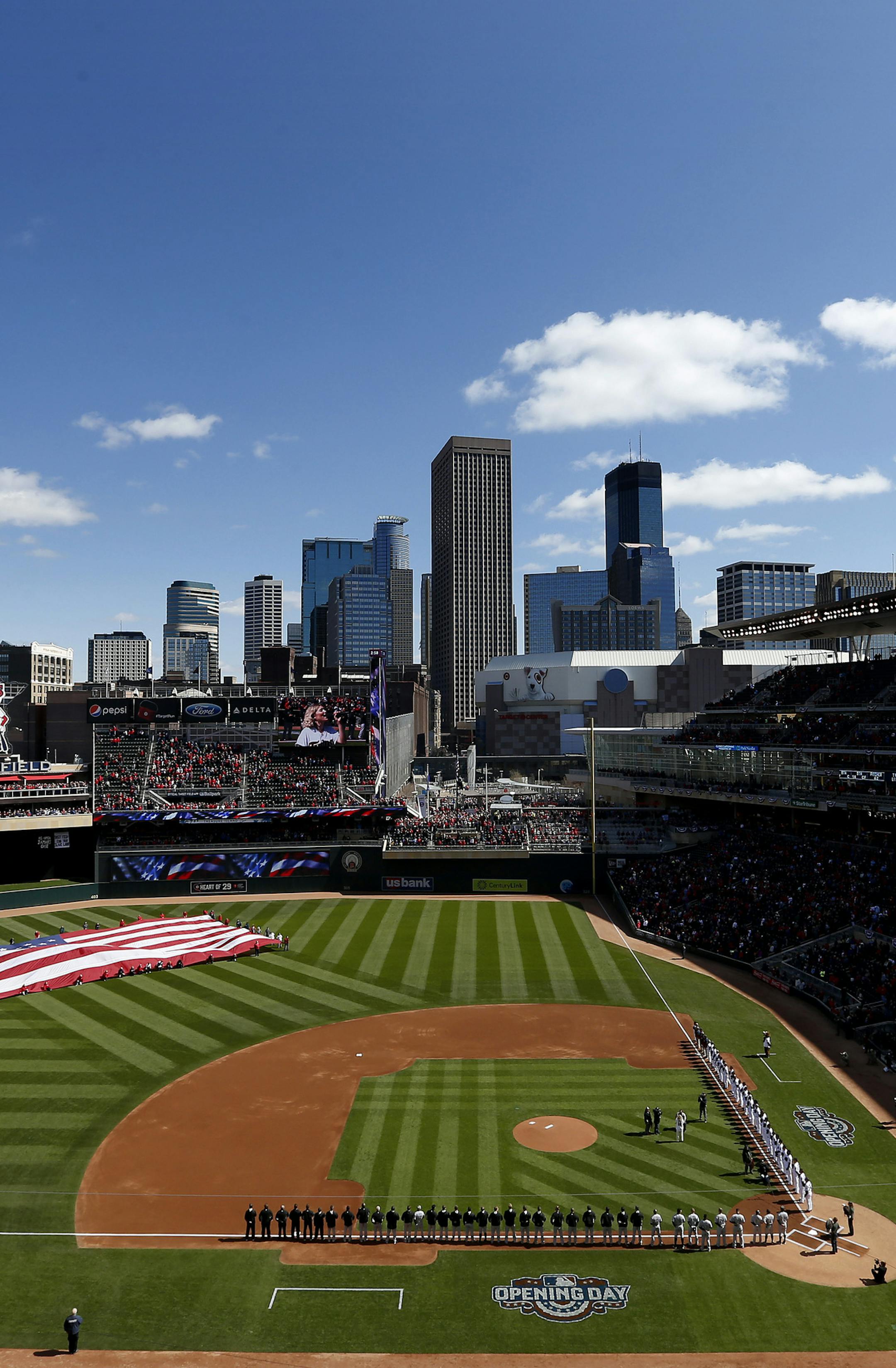 Caroline Smith sang the National Anthem before the start of the Twins home opener. ] CARLOS GONZALEZ cgonzalez@startribune.com - April 11, 2016, Minneapolis, MN, Target Field, MLB, Minnesota Twins vs. Chicago White Sox, Home Opener