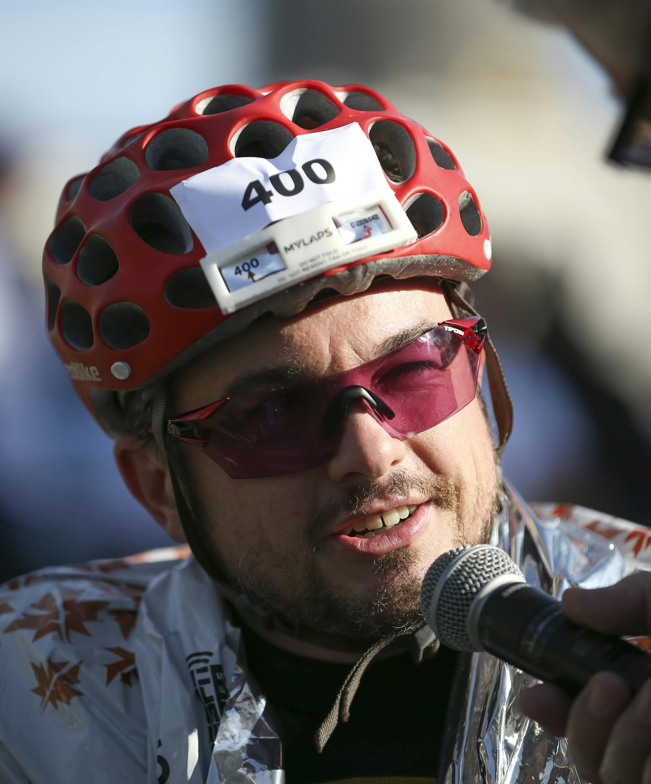 The first wheeled finisher, Tyler Byers of Denver, Sunday morning. ] JEFF WHEELER • jeff.wheeler@startribune.com More than 11,000 runners started the Twin Cities Marathon Sunday morning, October 4, 2015 in Minneapolis.