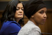 U.S. Rep. Pramila Jayapal, D-Wash., with U.S. Rep. Ilhan Omar, D-Minn, in March. Both signed a letter to President Joe Biden from the Congressional Pr
