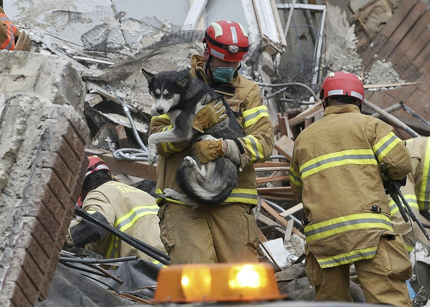 Emergency crews rescue a dog from a building collapse Friday Dec. 2, 2016 in downtown Sioux Falls. Two people were trapped inside the building, which was undergoing construction at the time of the collapse. A fire official says rescue workers are concerned about debris shifting as they try to free the people. (Joe Ahlquist/Argus Leader via AP)