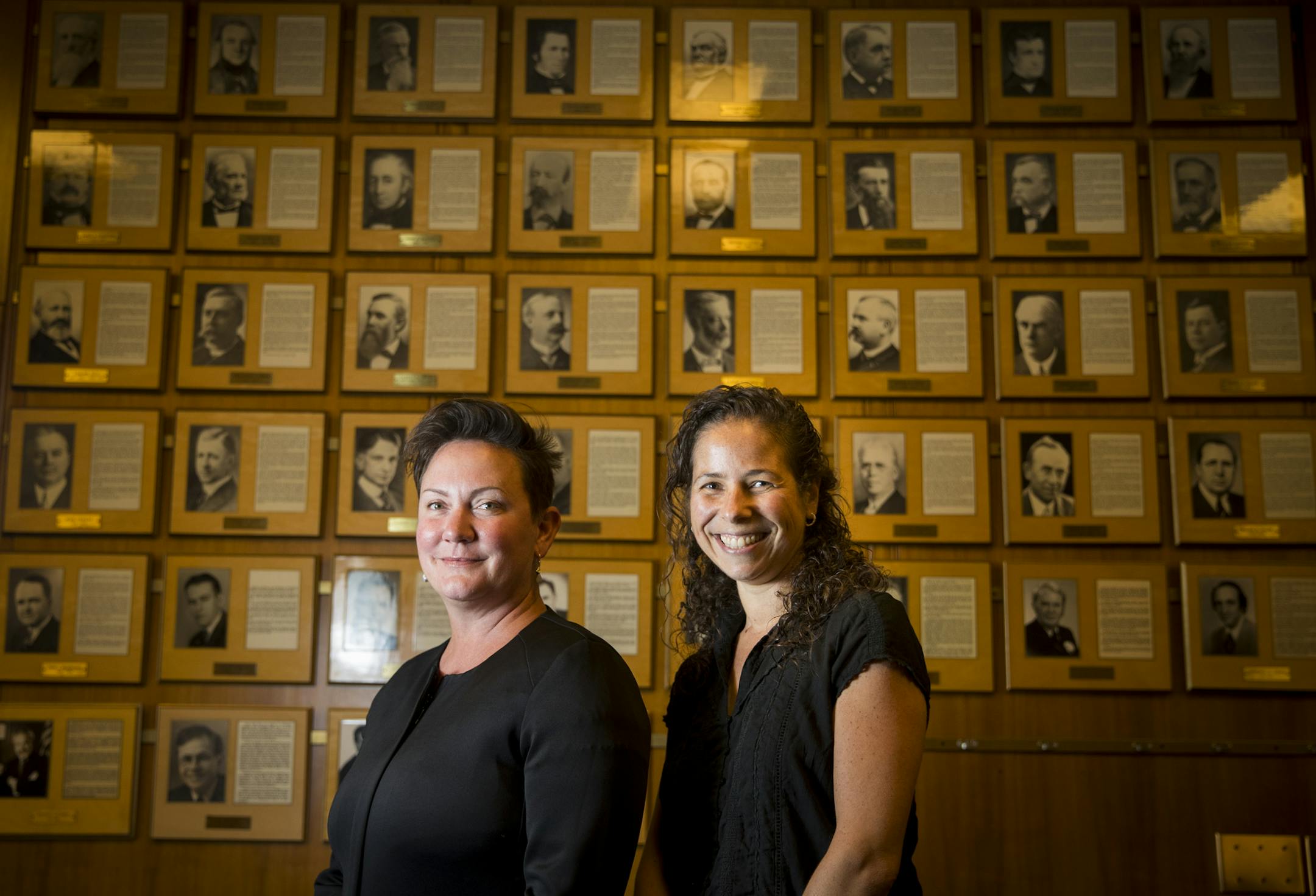 St. Paul Council members Amy Brendmoen and Rebecca Noecker are two of the many women who have been encouraged to run for mayor but opted not to. They are pictured in front of the wall of past mayors, all who, have been white men. ] RENEE JONES SCHNEIDER • renee.jones@startribune.com