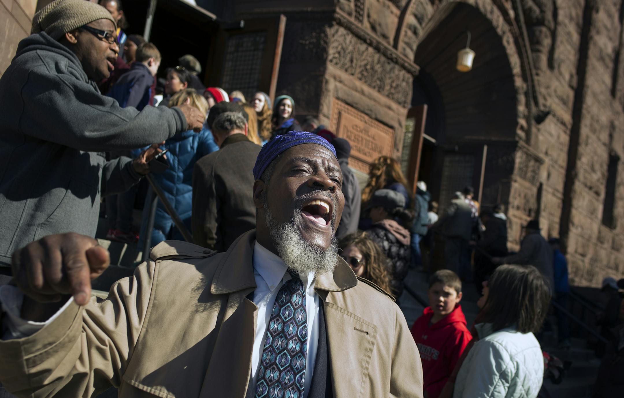 At Central Presbyterian Church in downtown St. Paul, prayer caller Elijah Muhammad welcomed some 1500 marchers arrived from he State Capitol to celebrate the 50th anniversary of the Selma march which sparked national outrage and set the stage for voting rights and other reforms.]Richard Tsong-Taatarii/rtsong-At taatarii@startribune.com