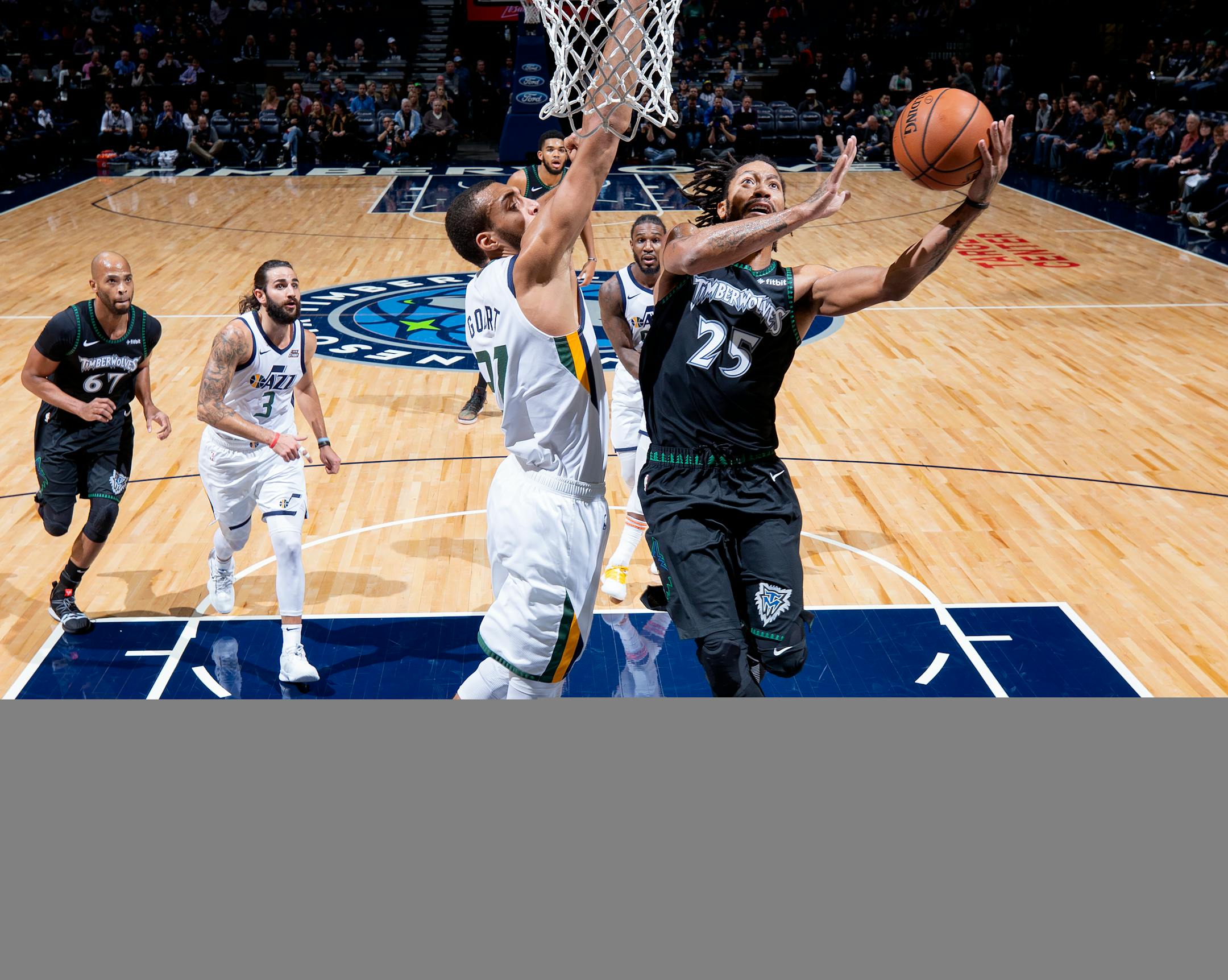 Wolves guard Derrick Rose drove down the lane for a first-half layup against the Jazz, on his way to a career-high 50 points at Target Center on Wednesday night.