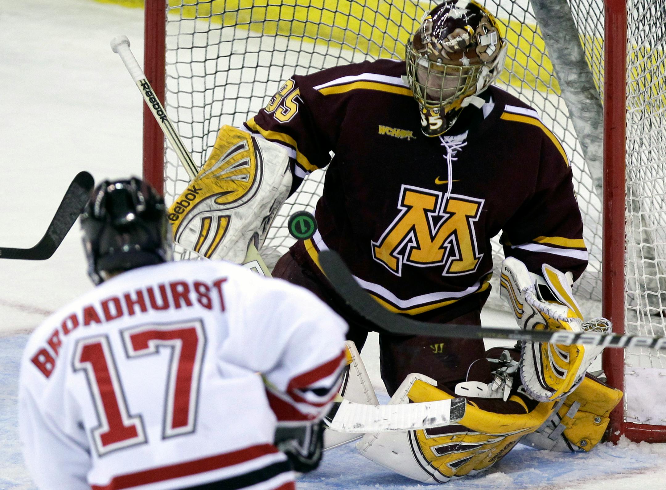Gophers goalie Kent Patterson, making a save against Nebraska-Omaha, posted a WCHA-best 2.06 goals-against average in conference games.