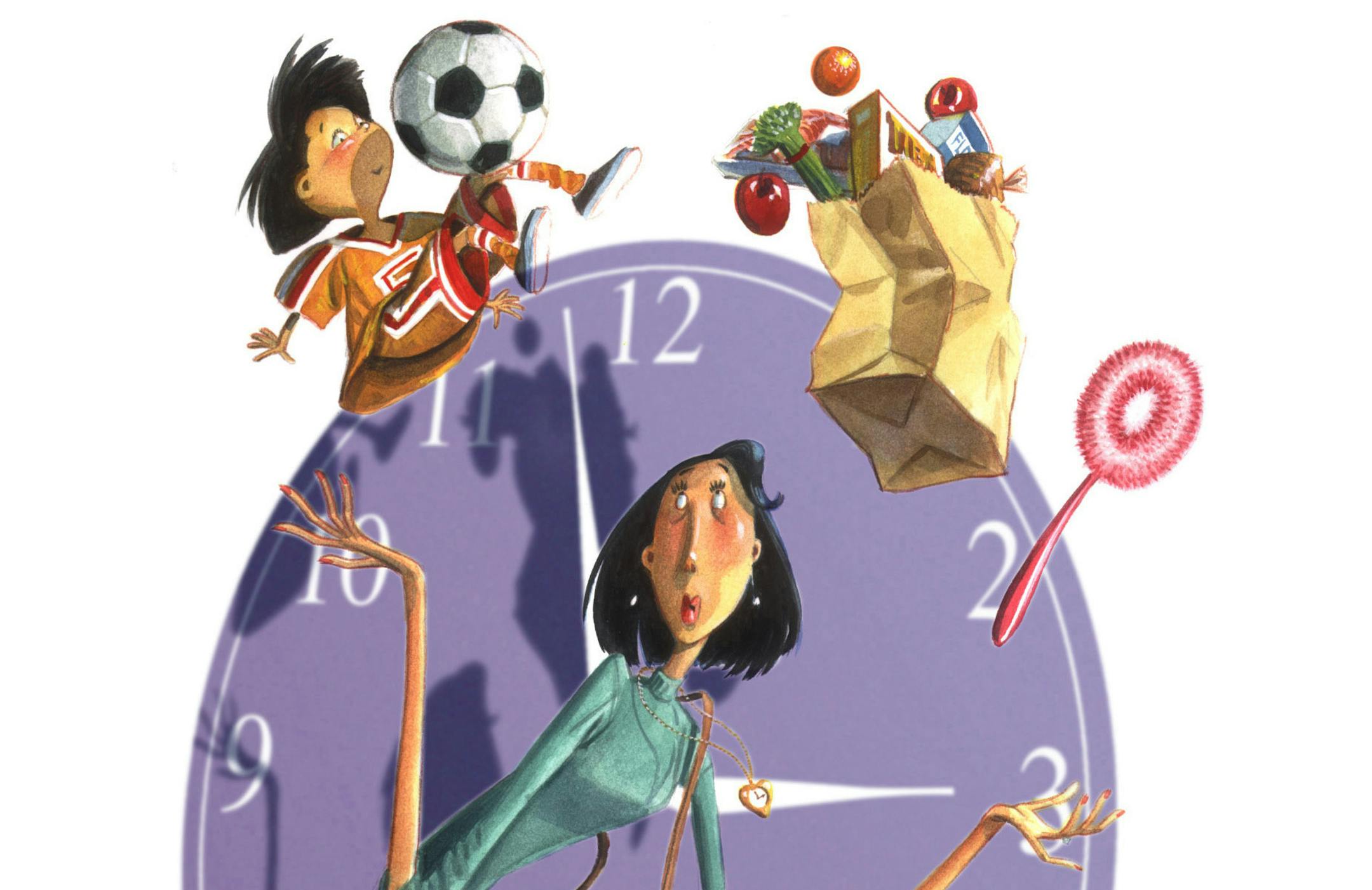 200 dpi 42p x 72p Tim Ludwig color illustration of working mother juggling child, groceries and cleaning in front of a clock. The Wichita Eagle 1999 With 981127 ARE YOU STRESSED OUT? and 980227 WOMEN IN THE WORKFORCE, KRT Interactive Web packages With 990326 MOTHERS AND EXERCISE, 990303 WHO RUNS ERRANDS and 970513 PARENTS POLL, KRT News in Motion animations