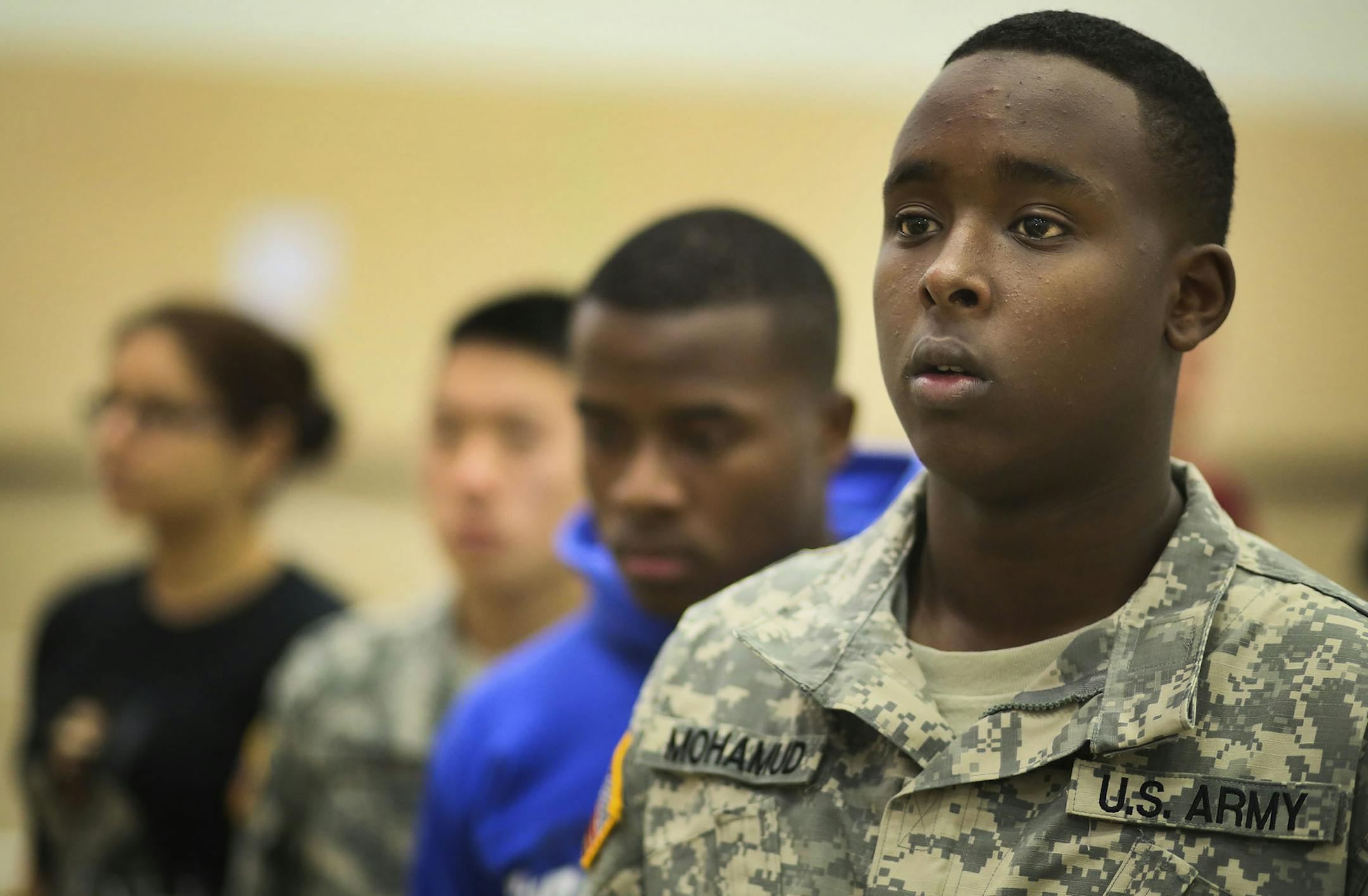 The Minnesota Army National Guard held a training drill for brand new recruits who have enlisted but have not gone through their 10-week basic training.Saturday, Nov. 8, 2014, at the Cedar Street Armory in St. Paul, MN. Here, Mohamed Mohamud, 18, of St. Paul, right, is a member of the Minnesota Army National Guard and participated in the training drill.](DAVID JOLES/STARTRIBUNE)djoles@startribune For a tangle of reasons, Somali Americans have largely shunned service in the U.S. military and Nati