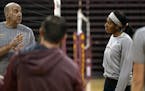 Head coach Hugh McCutcheon gives advice to Gophers volleyball super freshman Stephanie Samedy who has had an immediate impact on the team.]Richard Tso