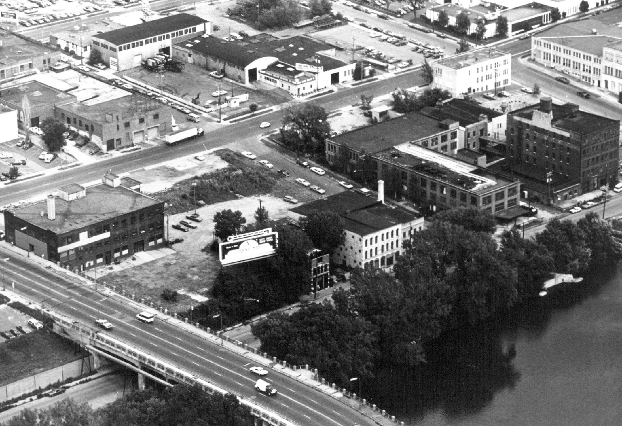 January 14, 1978 An aerial photograph of the St. Anthony Main renovation project area shows, from left to right, the Truman Building facing Central Av., a vacant parcel of land where townhouses are planned, (Pracna-On-Main), the Limestone and Upton Buildings with Union Iron Works directly behind, and a complex of four buildings at right, currently undergoing renovation, which comprise the former Salisbury Mattress Co. Minneapolis Star Tribune ORG XMIT: MIN2015011211482380
