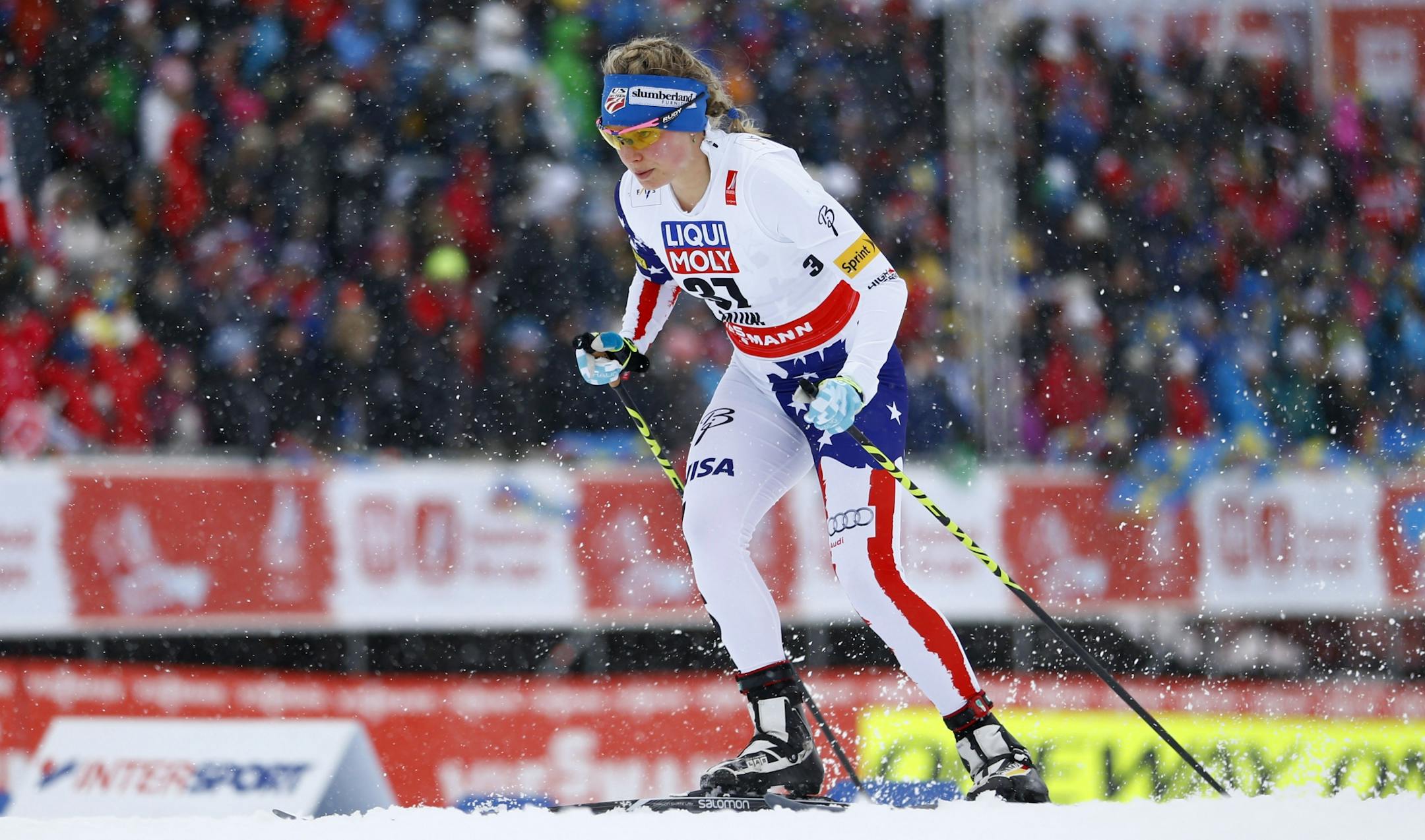 United States' Jessica Diggins competes during the 10 km Individual competition at the Nordic Skiing World Championships in Falun, Sweden, Tuesday, Feb. 24, 2015. Diggins placed second.