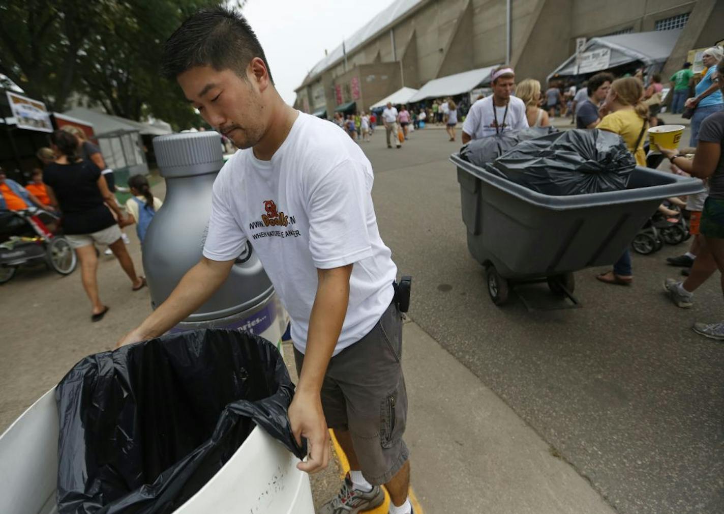 Matt Kallok, owner of DoodyCalls, and his 35 workers cover nearly round-the-clock shifts at the State Fair. Besides barn cleanup, they keep some restrooms clean and stocked with supplies.