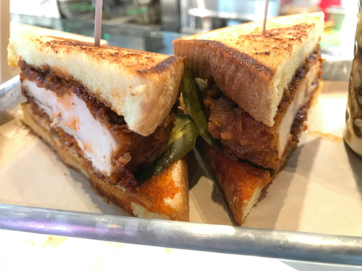 Red Cow's Tennessee hot chicken sandwich.