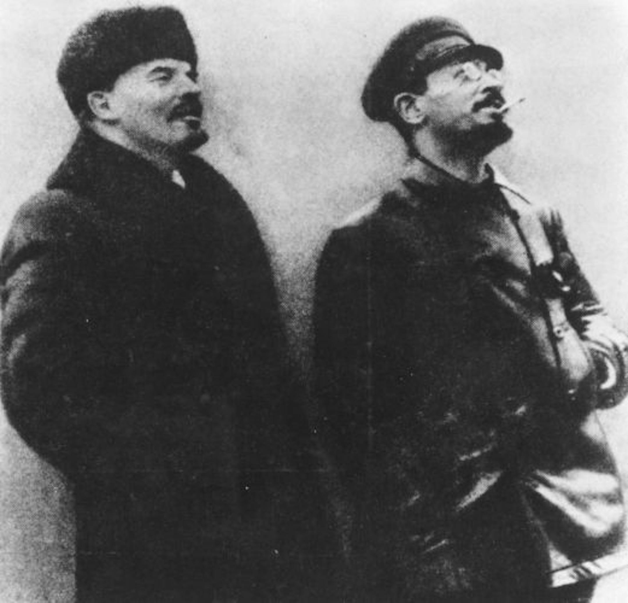 Russian revolutionaries Vladimir Ilyich Lenin (1870 - 1924), and Leon Trotsky (1879 - 1940), alias Lev Davidovich Bronstein, during the Bolshevik Revolution.