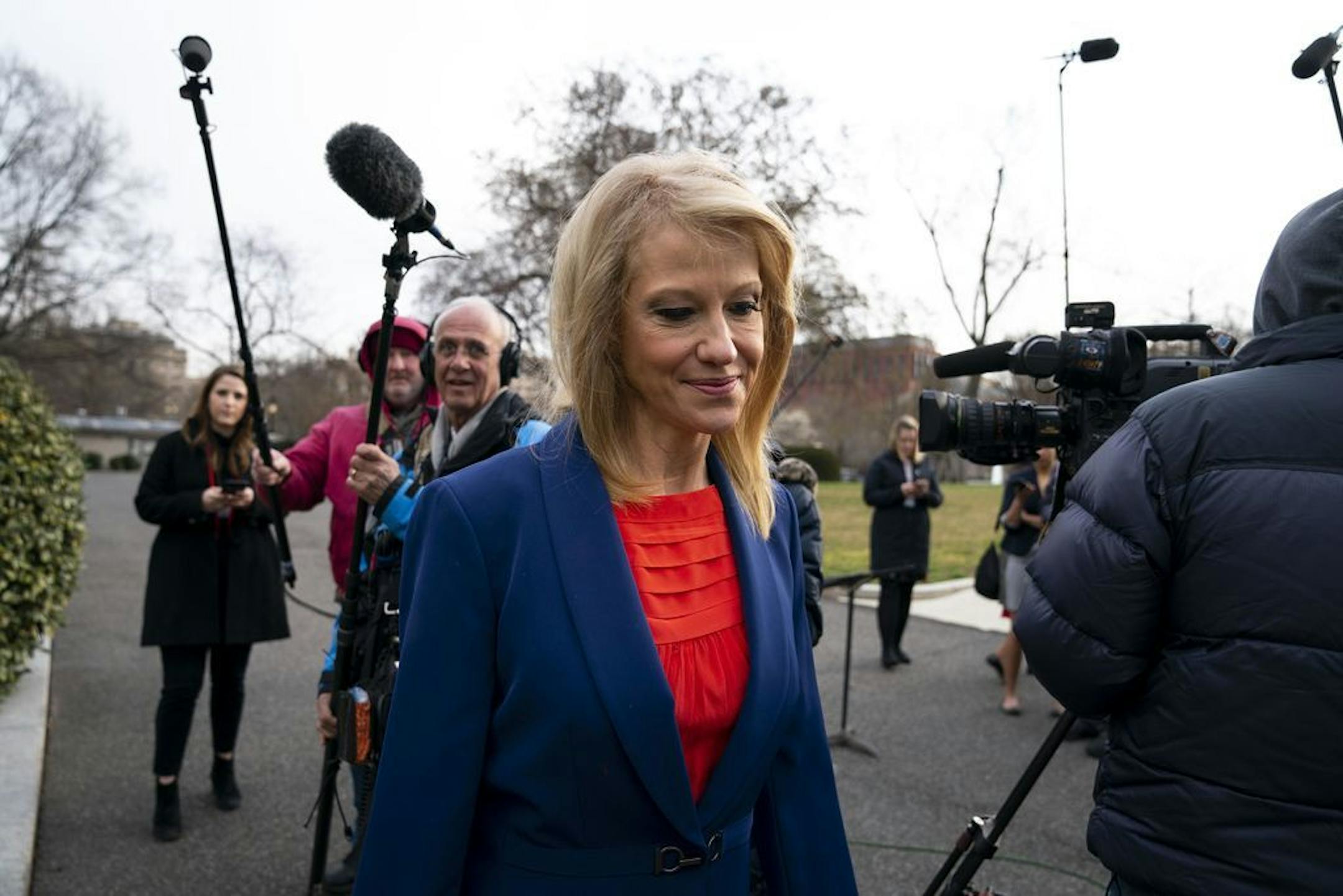 Kellyanne Conway, counselor to President Donald Trump, outside the White House while speaking to reporters, in Washington, March 18, 2019. President Donald Trump directly attacked Conway's husband on Tuesday, calling George T. Conway III a "total loser" after he questioned Trump's mental fitness.