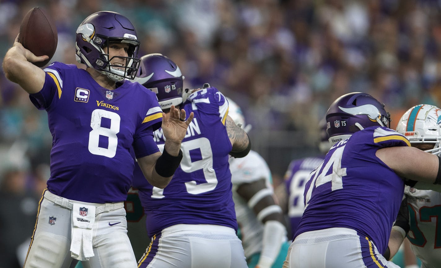 Vikings quarterback Kirk Cousins' production has dropped off in recent weeks, as he has averaged 208 passing yards per game over the past three games after averaging 299 in the first 11. He threw for 215 yards last Sunday against Miami.